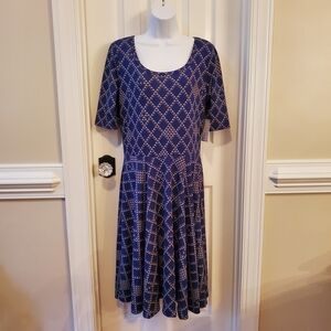 LuLaRoe Nicole Blue and White Geometric Midi Dress